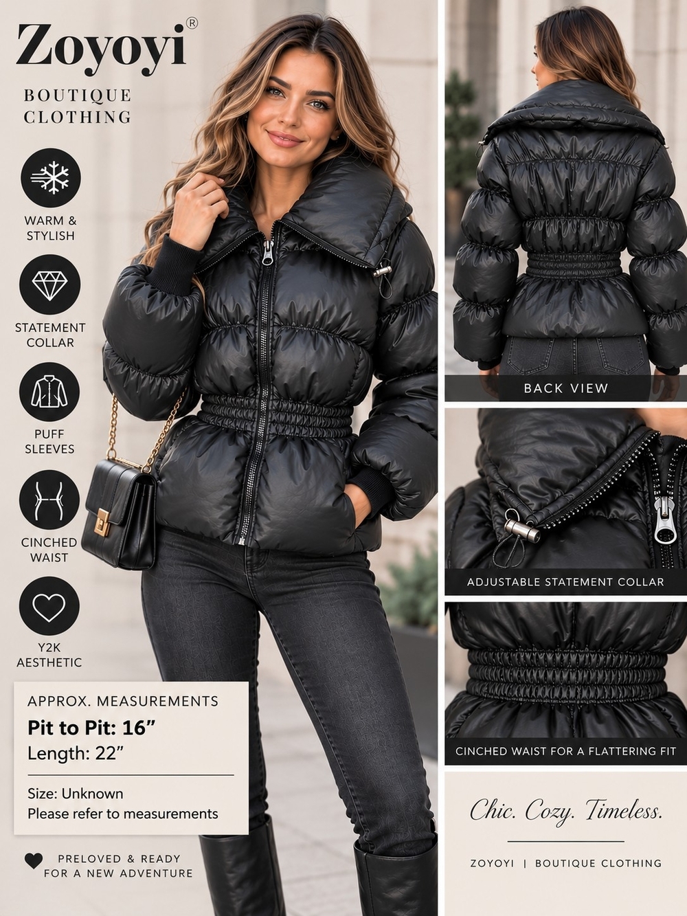 Zoyoyi Black Puffer Jacket Statement Bubble Sleeve Y2K Cinched Waist